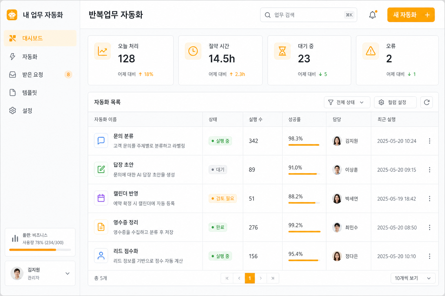 반복업무 자동화 서비스 데모 화면