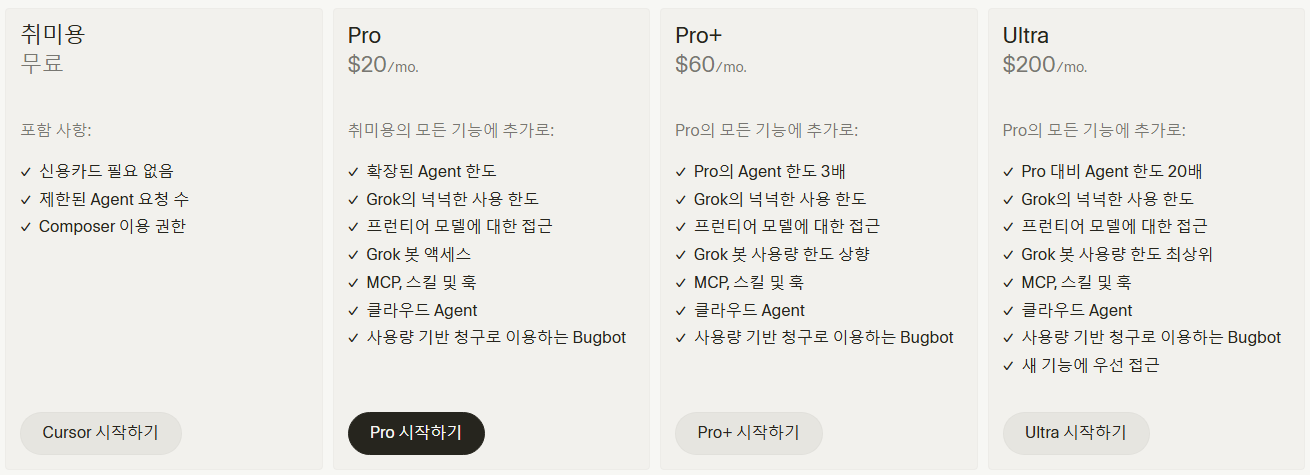 커서 공식 요금제 — 취미용 무료, Pro 월 20달러, Pro+ 월 60달러, Ultra 월 200달러
