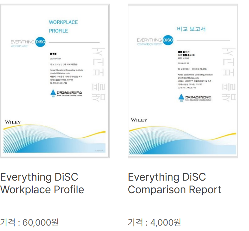 한국교육컨설팅연구소 판매 화면 — DiSC Workplace 프로필 60,000원, 두 사람을 나란히 보는 비교 보고서 4,000원