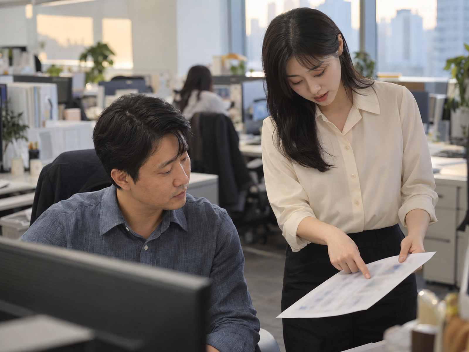 팀장 자리 옆에서 신입이 출력물 한 곳을 손가락으로 짚으며 묻고, 앉아 있던 팀장이 그 부분을 들여다본다 — 한 군데만 짚으면 상대는 그 부분만 보고 바로 답할 수 있다