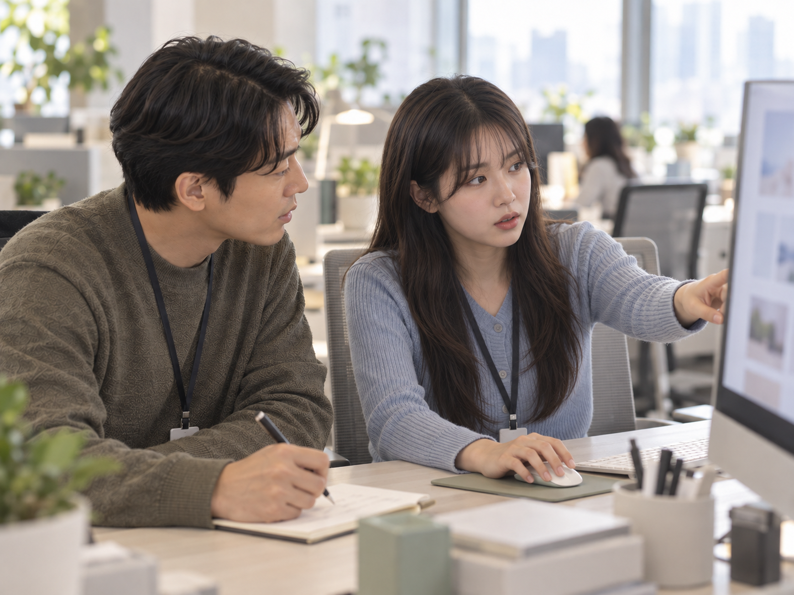 사무실에서 막내가 모니터를 가리키며 순서를 보여 주고, 옆에 의자를 끌어와 앉은 동료가 노트에 받아 적는다 — 몫을 먼저 말한 부탁은 같이 화면을 보는 30분으로 이어질 수 있다