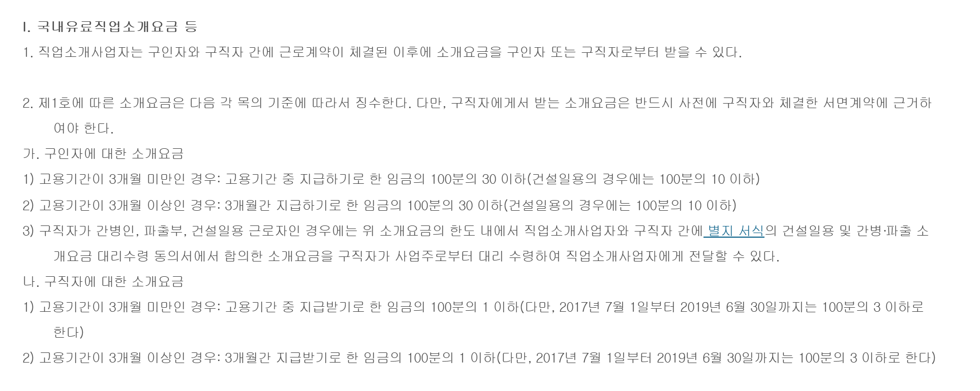 고용노동부 «국내유료직업소개요금 등 고시» 원문 — 소개요금은 근로계약이 체결된 이후에 받고, 구직자에게서 받는 요금은 사전 서면계약에 근거해야 하며, 구직자 요금은 3개월 임금의 100분의 1 이하라고 적혀 있어 헤드헌터가 합격 전에 구직자에게 돈을 먼저 받을 근거가 없다는 것을 보여 준다