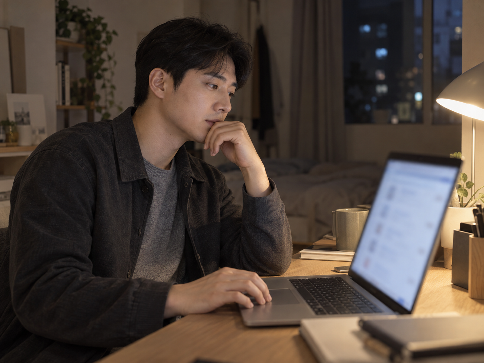 밤 원룸 책상에서 흐릿한 채용 사이트 화면을 띄운 노트북 앞에 턱을 괴고 앉은 남자 — 연봉 순위가 낮다는 걸 알게 된 뒤 새 일자리를 알아보고 싶어지는 건 연구에서도 나온 반응이다