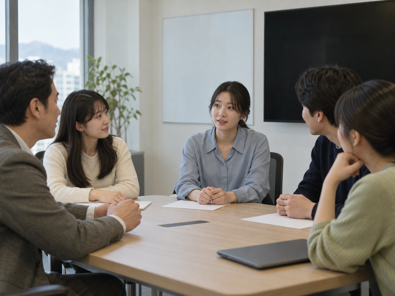 작은 회의에서 한 팀원이 의견을 말하고 팀장과 동료들이 그 사람을 바라보며 듣는 장면 — 발언 기회가 고르게 돌아가는 팀