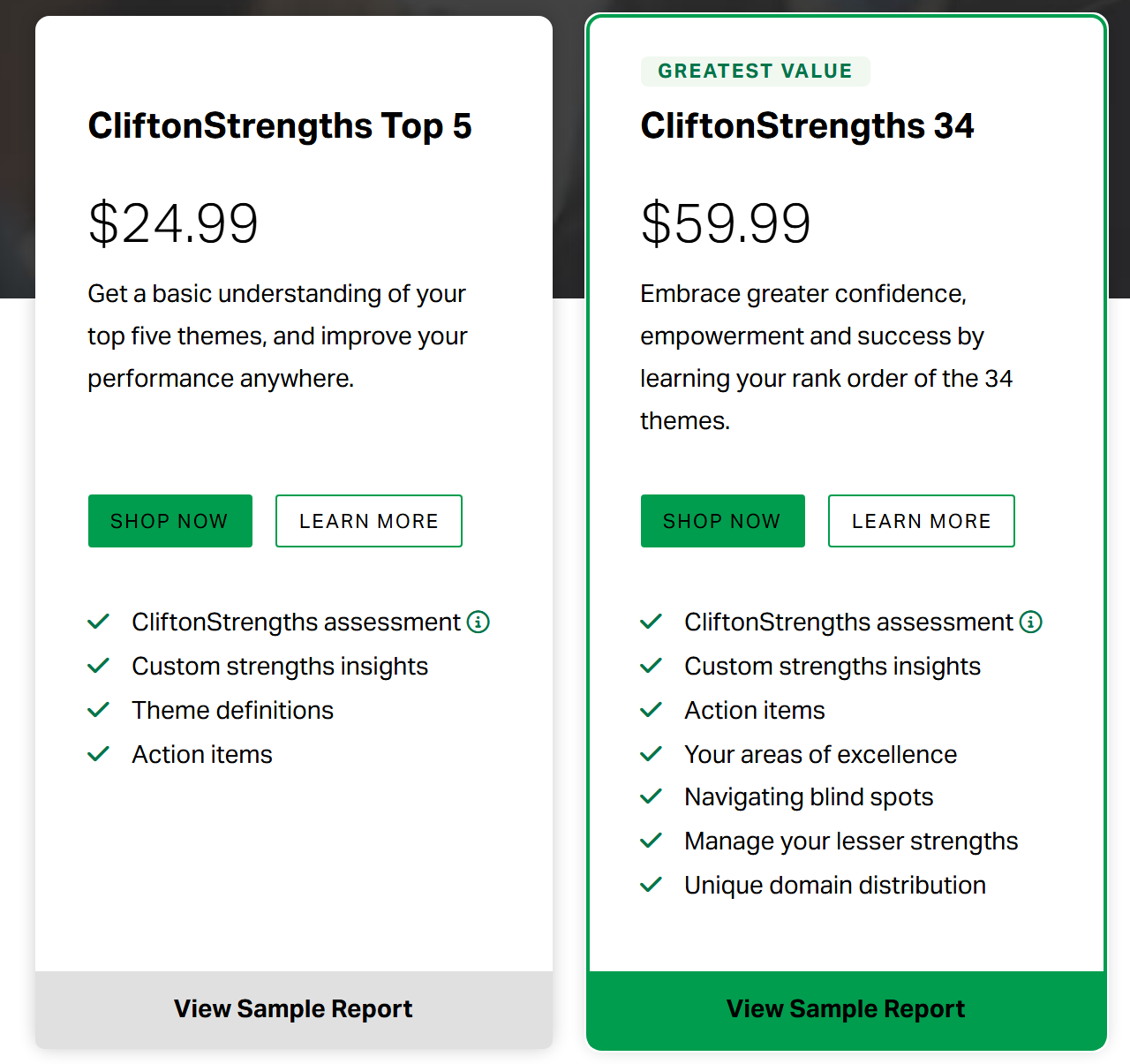 갤럽 공식 상품 페이지 — CliftonStrengths Top 5는 24.99달러, 34개 전체 순위를 주는 CliftonStrengths 34는 59.99달러로 따로 판다