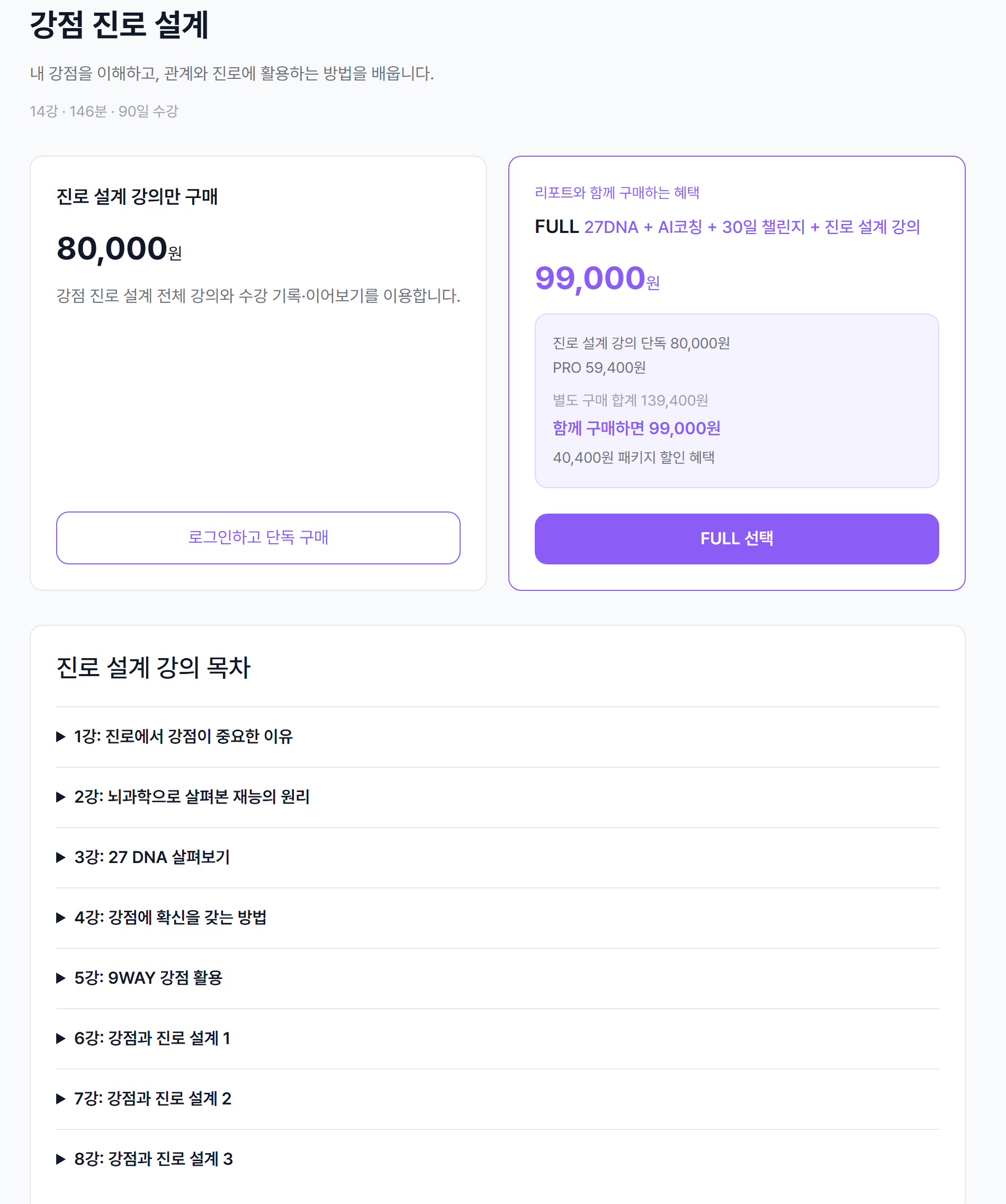 강점 진로 설계 강의 — 14강·146분·90일 수강, 단독 80,000원, 리포트와 함께 99,000원이고, 목차는 진로에서 강점이 중요한 이유부터 강점과 진로 설계 1~3까지 이어진다