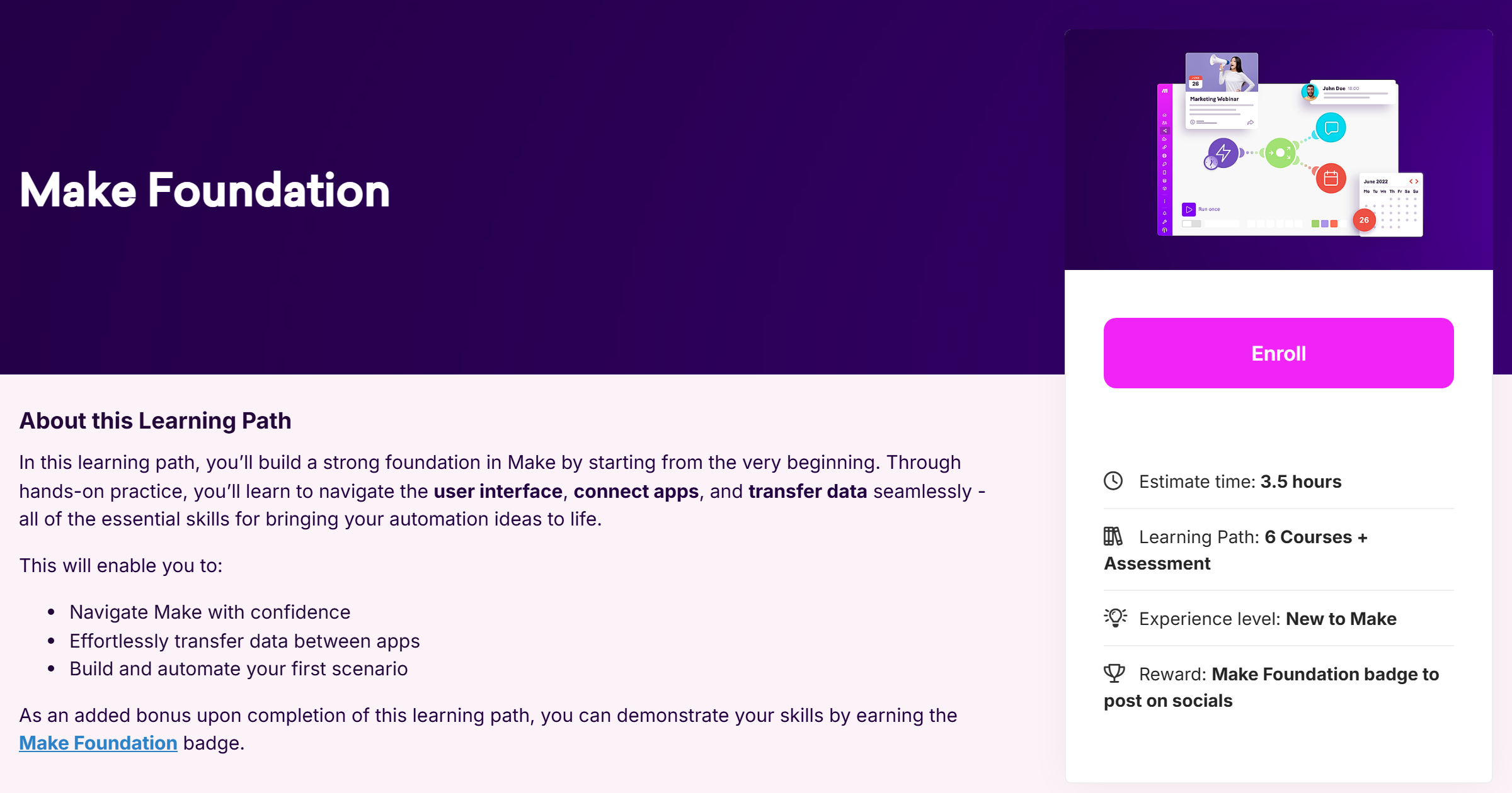 Make Academy의 Make Foundation 과정 — Make를 처음 쓰는 사람용으로 약 3.5시간, 과정 6개와 평가로 되어 있고, 끝내면 배지를 준다