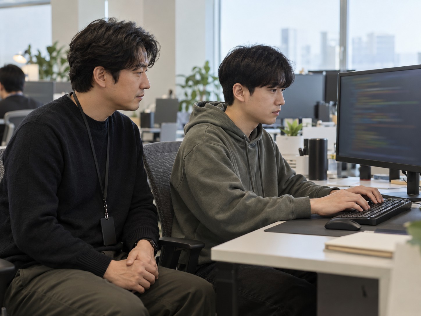팀원 옆에 앉아 두 손을 모은 채 팀원의 화면을 지켜보는 팀장 — 자기가 하면 금방 끝날 일도 팀원이 해낼 때까지 손대지 않고 기다린다
