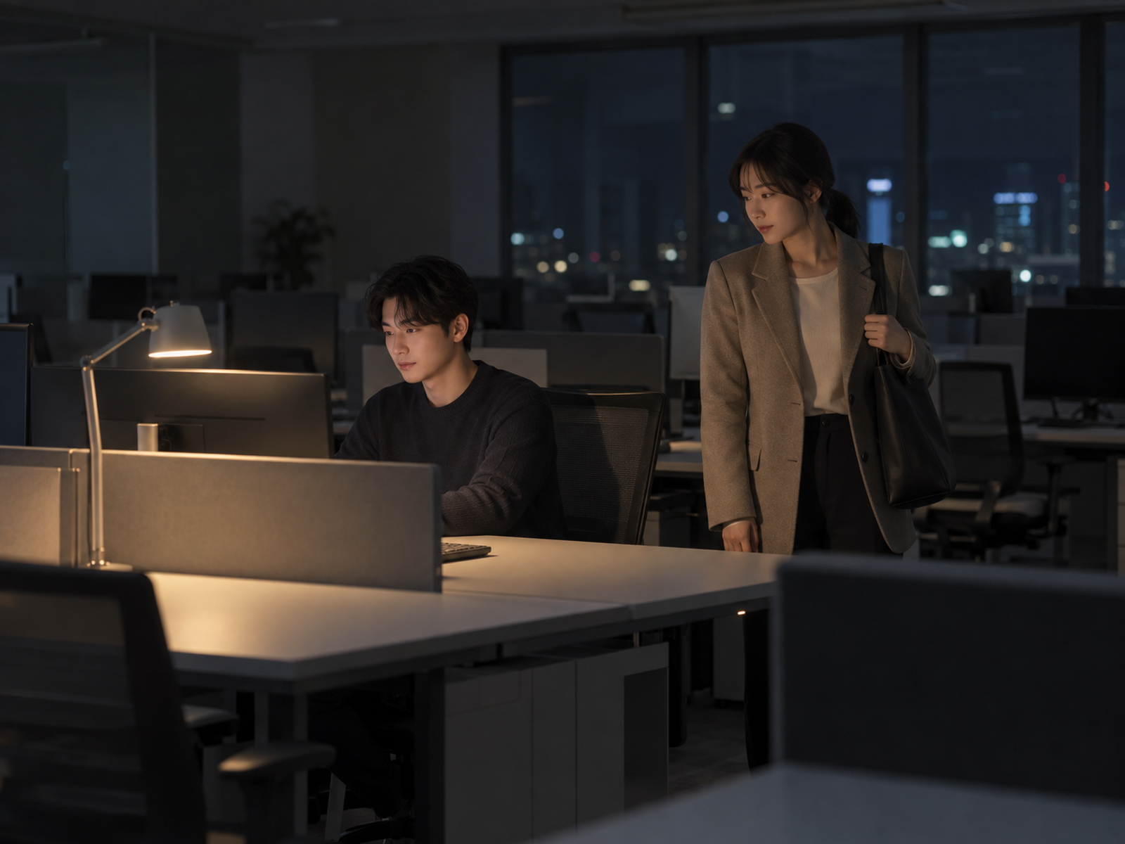 밤 사무실에서 한 자리만 불이 켜진 채 일하는 사람이 있고, 가방을 든 옆자리 동료가 먼저 나가기를 머뭇거린다 — 한 사람의 야근이 옆 사람의 퇴근 시간을 정하게 된다