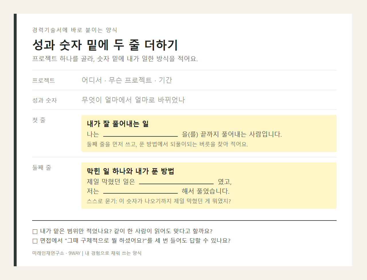 경력기술서 성과 숫자 밑에 '내가 잘 풀어내는 일'과 '막힌 일과 푼 방법' 두 줄을 채우는 양식