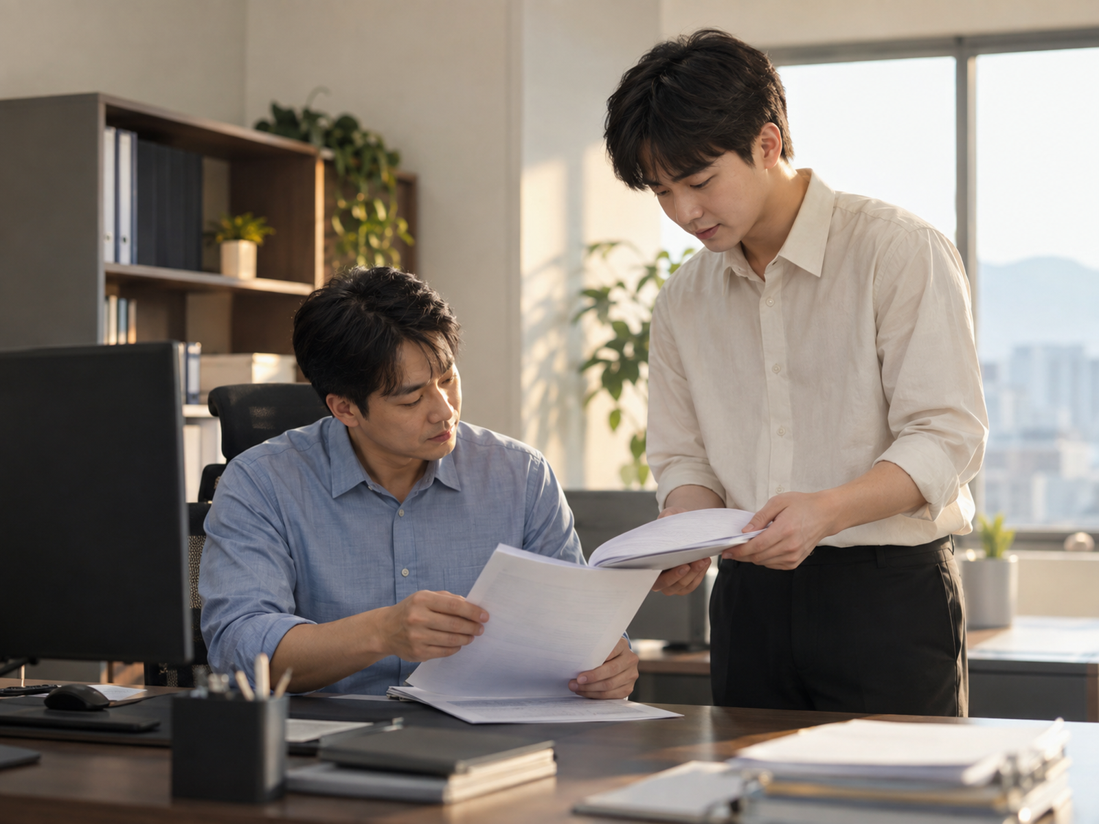 금요일 오후, 신입이 고쳐 온 자료를 팀장 자리에 내밀고 팀장이 넘겨 보며 고개를 끄덕인다 — 할 일이 정해진 피드백은 약속한 날에 결과로 돌아온다