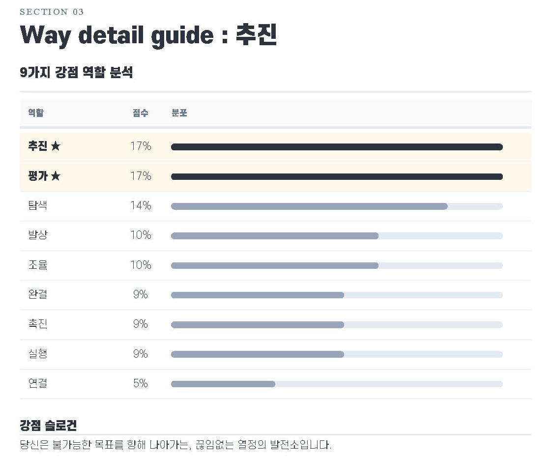 9WAY 강점 리포트 '9가지 강점 역할 분석' — 추진·평가 역할이 가장 높게 나오고 역할별 비중이 막대로 나온다