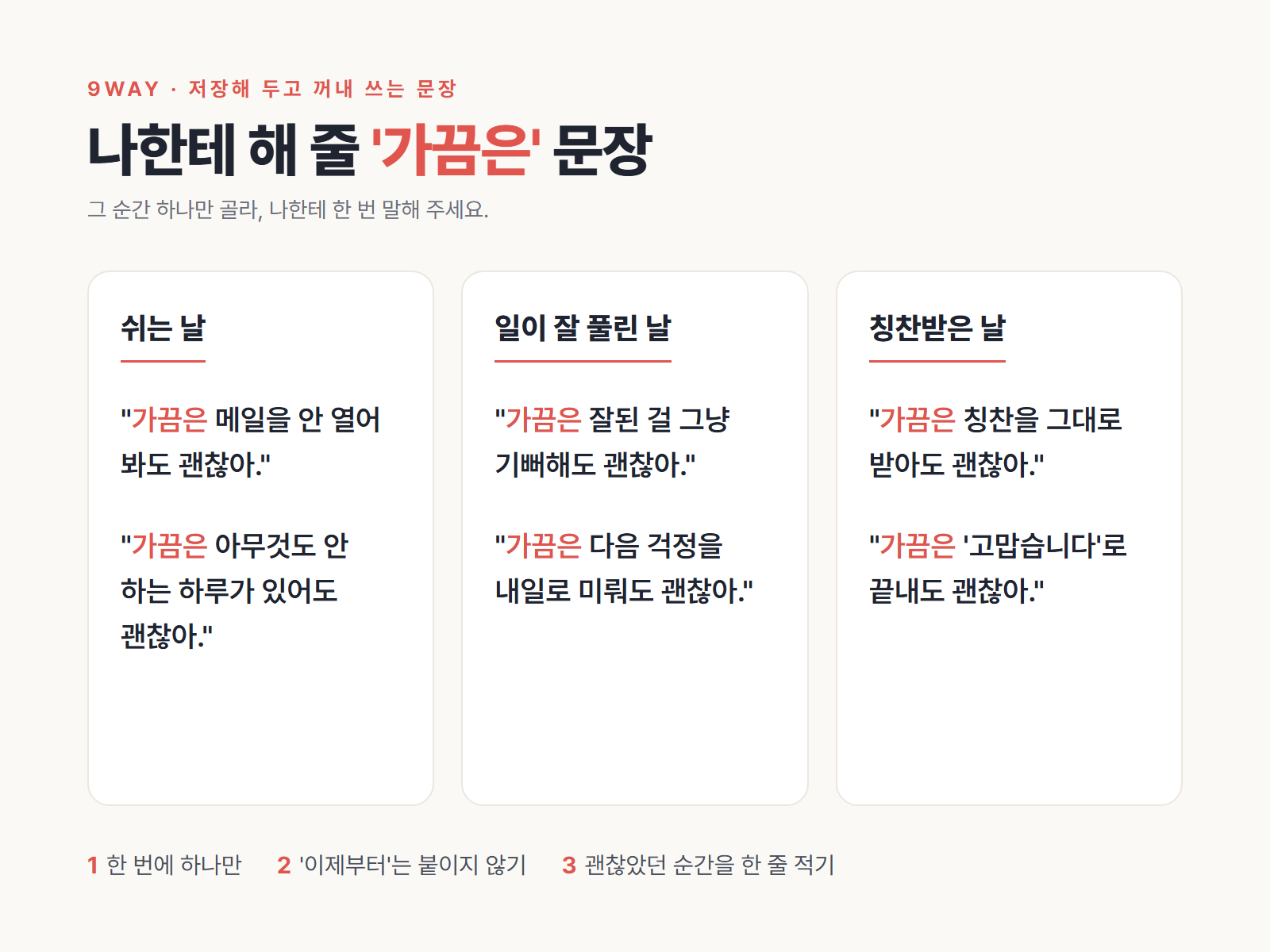 쉬는 날·일이 잘 풀린 날·칭찬받은 날에 나한테 해 줄 '가끔은' 문장을 한 장에 모은 카드