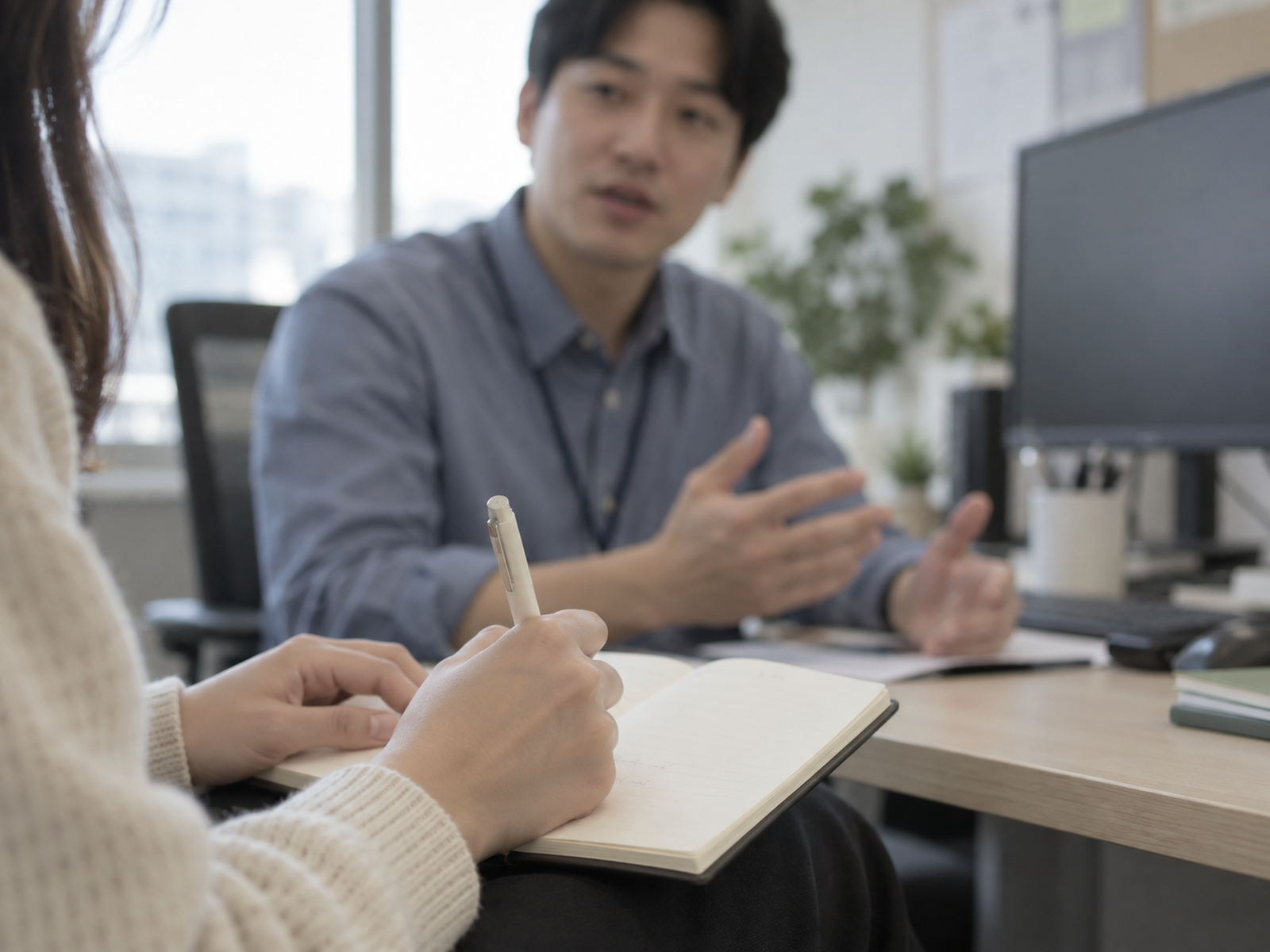 팀장 자리 옆에서 팀원이 수첩에 짧게 메모하고, 뒤에서 팀장이 설명하고 있다 — 일을 받는 그 자리에서 기한과 수준을 물어 적어 두면 짐작할 게 남지 않는다
