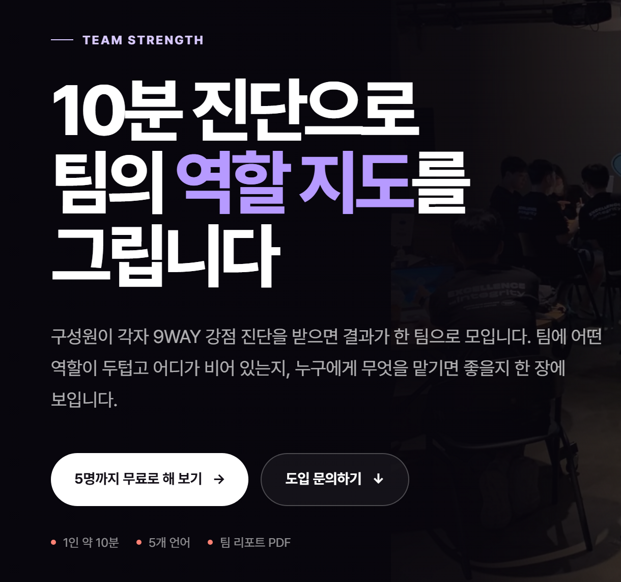 9WAY 팀 강점 분석 안내 — 구성원이 각자 진단하면 결과가 한 팀으로 모여 어떤 역할이 두텁고 어디가 비었는지 보이며, 5명까지 무료로 해 볼 수 있고 1인 약 10분, 5개 언어, 팀 리포트 PDF를 준다
