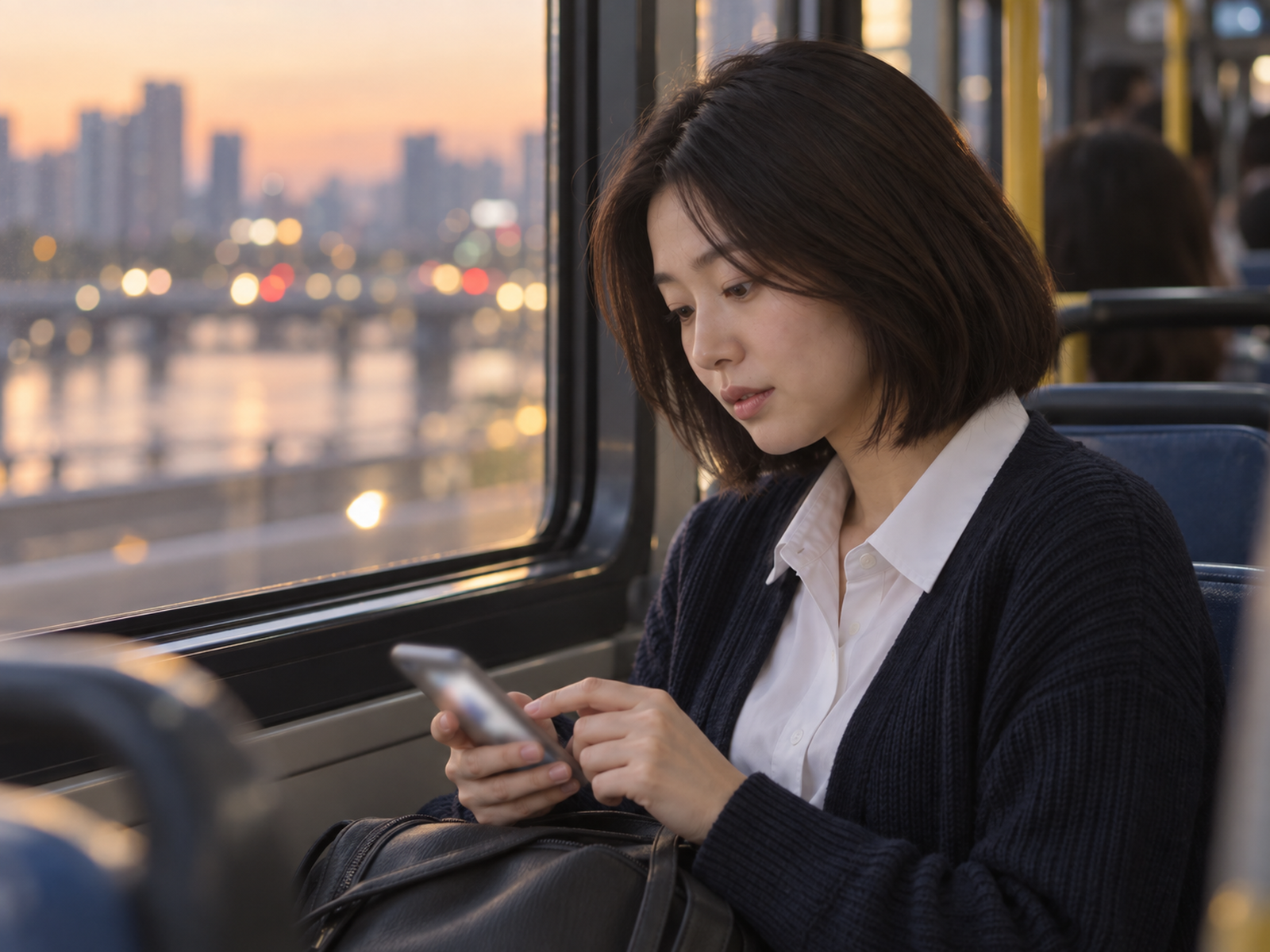 저녁 퇴근 버스 창가에서 휴대폰에 짧게 메모하는 직장인의 손 — 처음 본 사람이 지나가듯 한 말은 다시 안 나오는 경우가 많아서, 들은 날 바로 적어 둔다
