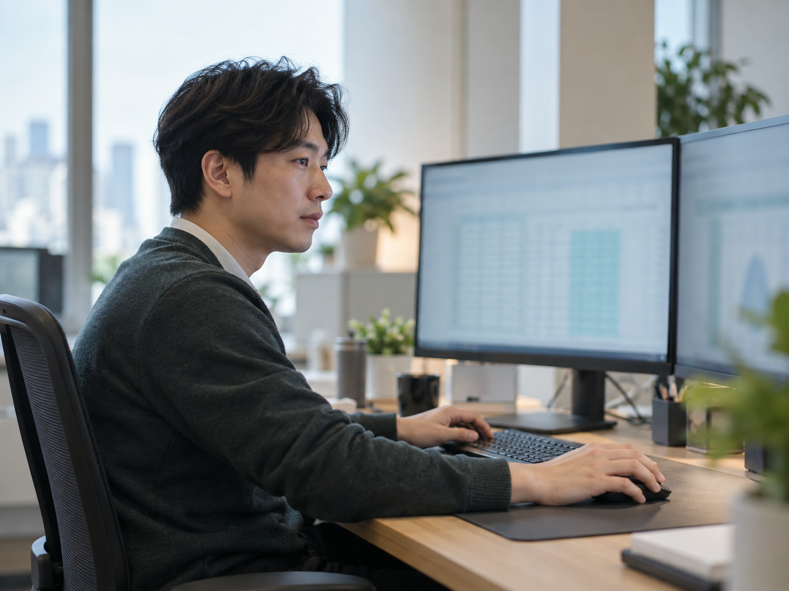 오후 사무실에서 두 모니터의 숫자를 능숙하게 정리하지만 무덤덤한 얼굴의 5년 차 직장인 — 잘하는 역할도 마음이 가지 않는 분야에서는 "그냥 하는 일"이 된다