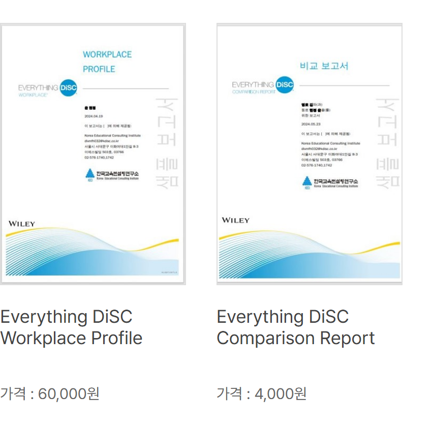 한국교육컨설팅연구소 공식 주문 페이지. Everything DiSC Workplace Profile 60,000원, Comparison Report 4,000원이 표시돼 있다