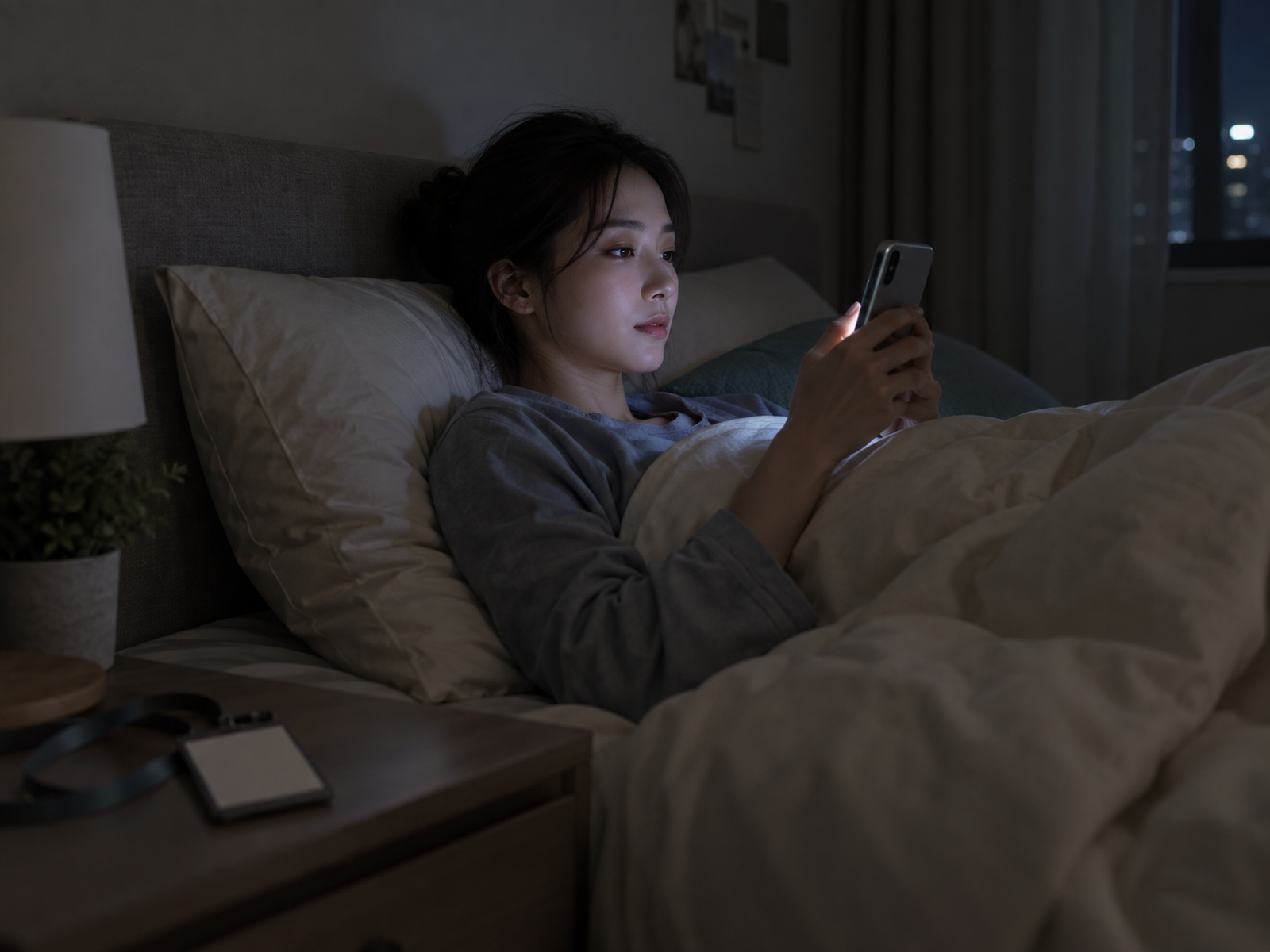 잠들기 전 침대에서 휴대폰으로 채용공고를 넘겨보는 직장인 — 이직 생각이 없어도 많은 사람이 이 시간에 공고를 연다