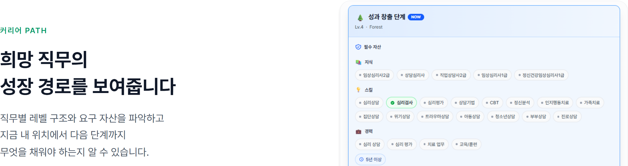 커리어테크 «커리어 PATH» 화면 — 희망 직무의 성장 단계마다 필수 자산(지식·자격, 스킬, 경력, 프로젝트)이 나와 다음 단계까지 무엇을 채울지 보인다