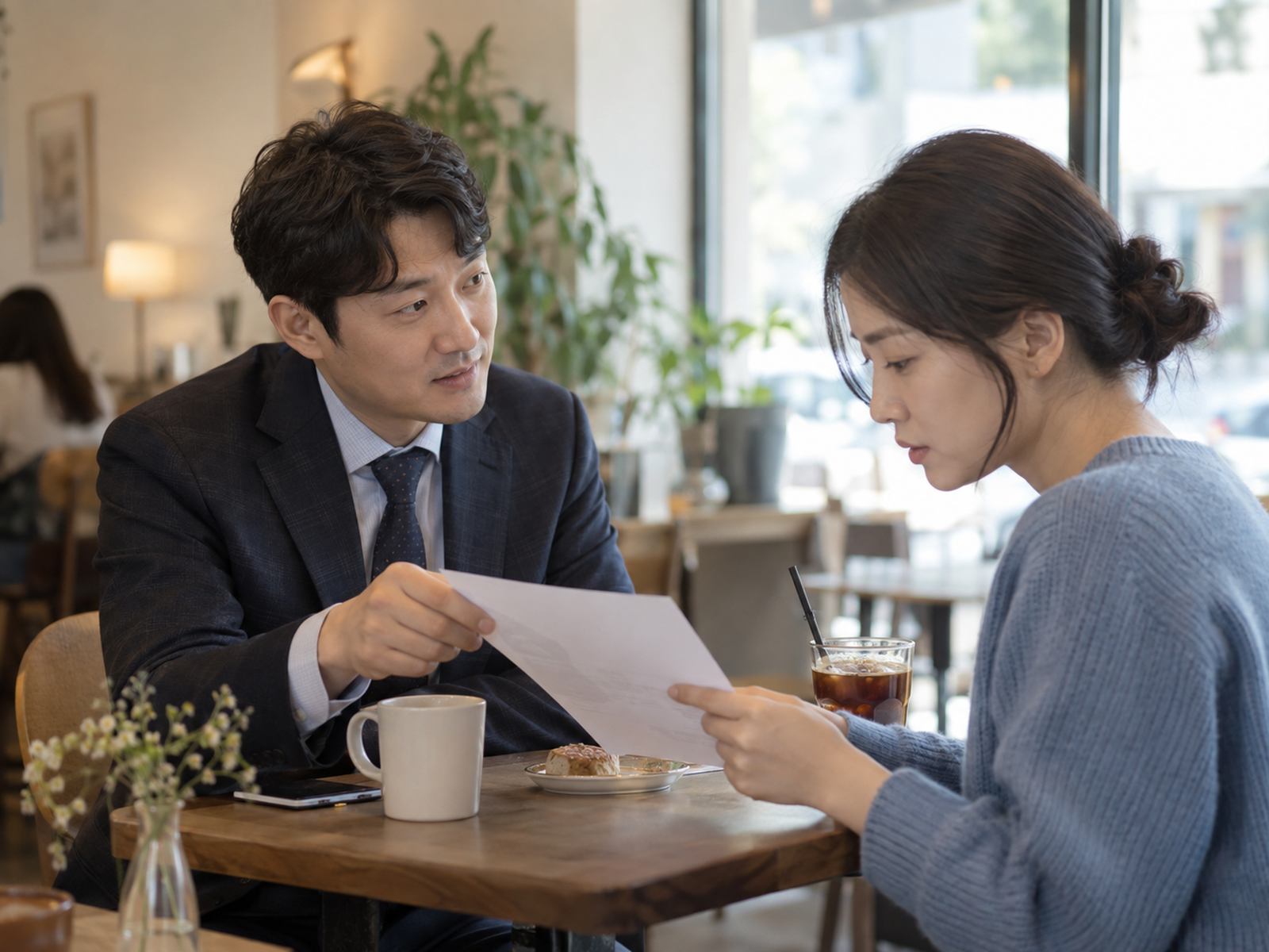 주말 카페에서 회사 밖 지인에게 직접 만든 자료 한 장을 건네 보여 주고 반응을 기다리는 직장인 — 사표보다 먼저 할 확인은 이렇게 작게 시작한다