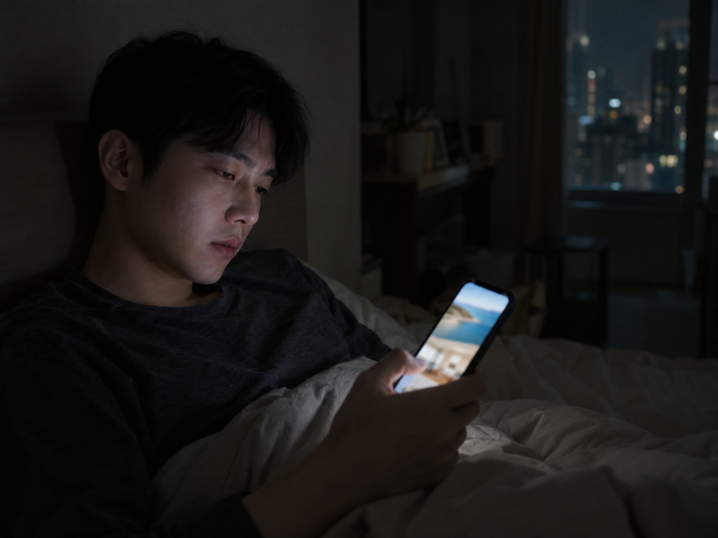 밤에 불 꺼진 방 침대에 기대 앉아 휴대폰으로 남의 여행·새 집 사진을 넘겨 보는 직장인 — 보기만 하는 시간이 길어질수록 부러움이 커진다