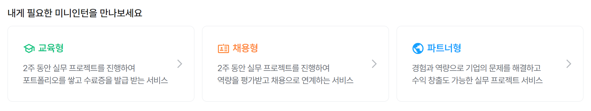 미니인턴 서비스 종류 — 교육형은 2주 동안 실무 프로젝트를 진행해 포트폴리오를 쌓고 수료증을 받고, 채용형은 2주 동안 실무 프로젝트로 역량을 평가받아 채용으로 연계된다