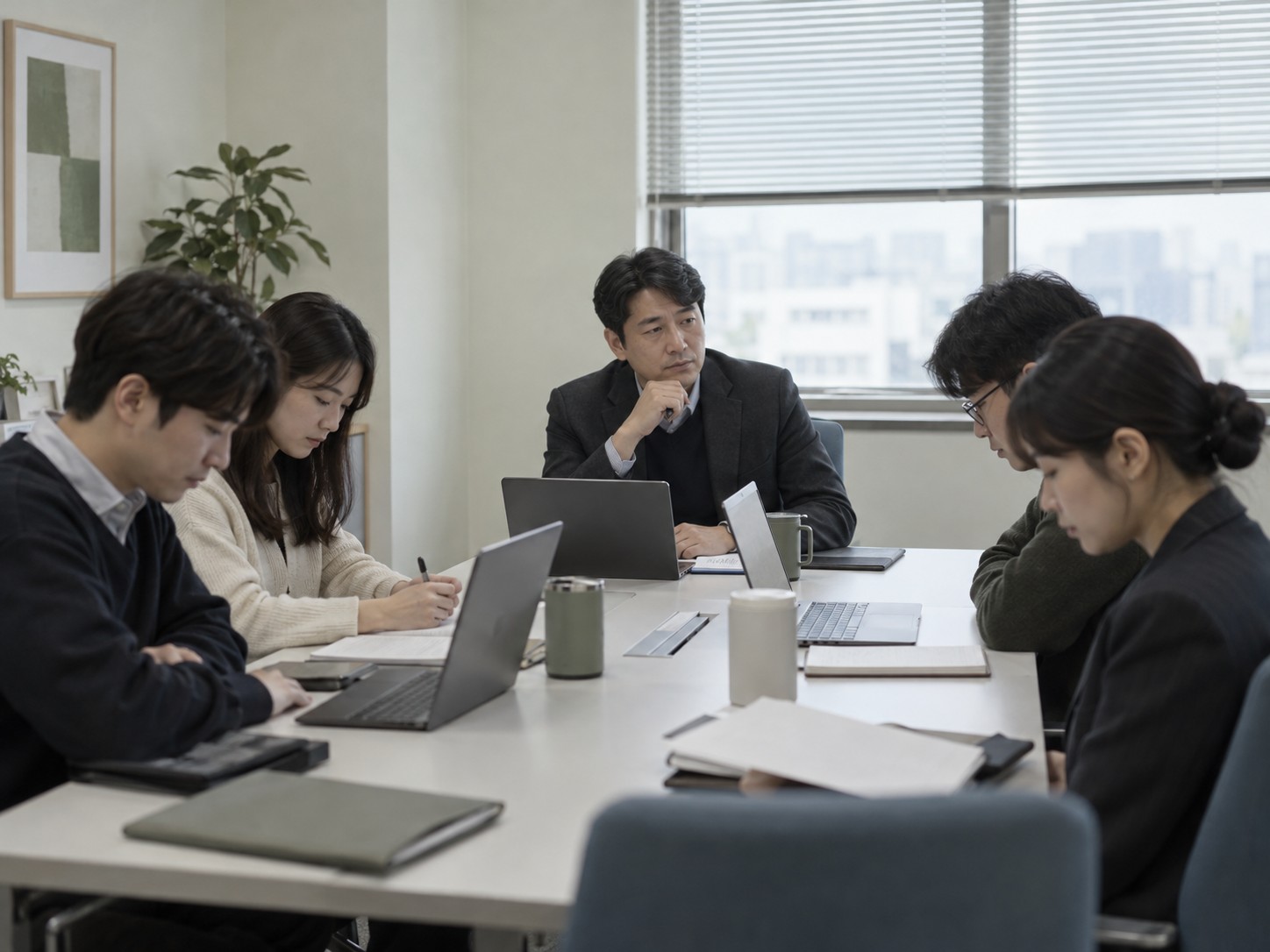 주간 회의에서 다들 자기 앞 종이와 노트북만 보고, 상석의 팀장이 대답을 기다리는 장면 — 문제를 아는 사람이 여럿이어도 아무도 먼저 꺼내지 않는 회의
