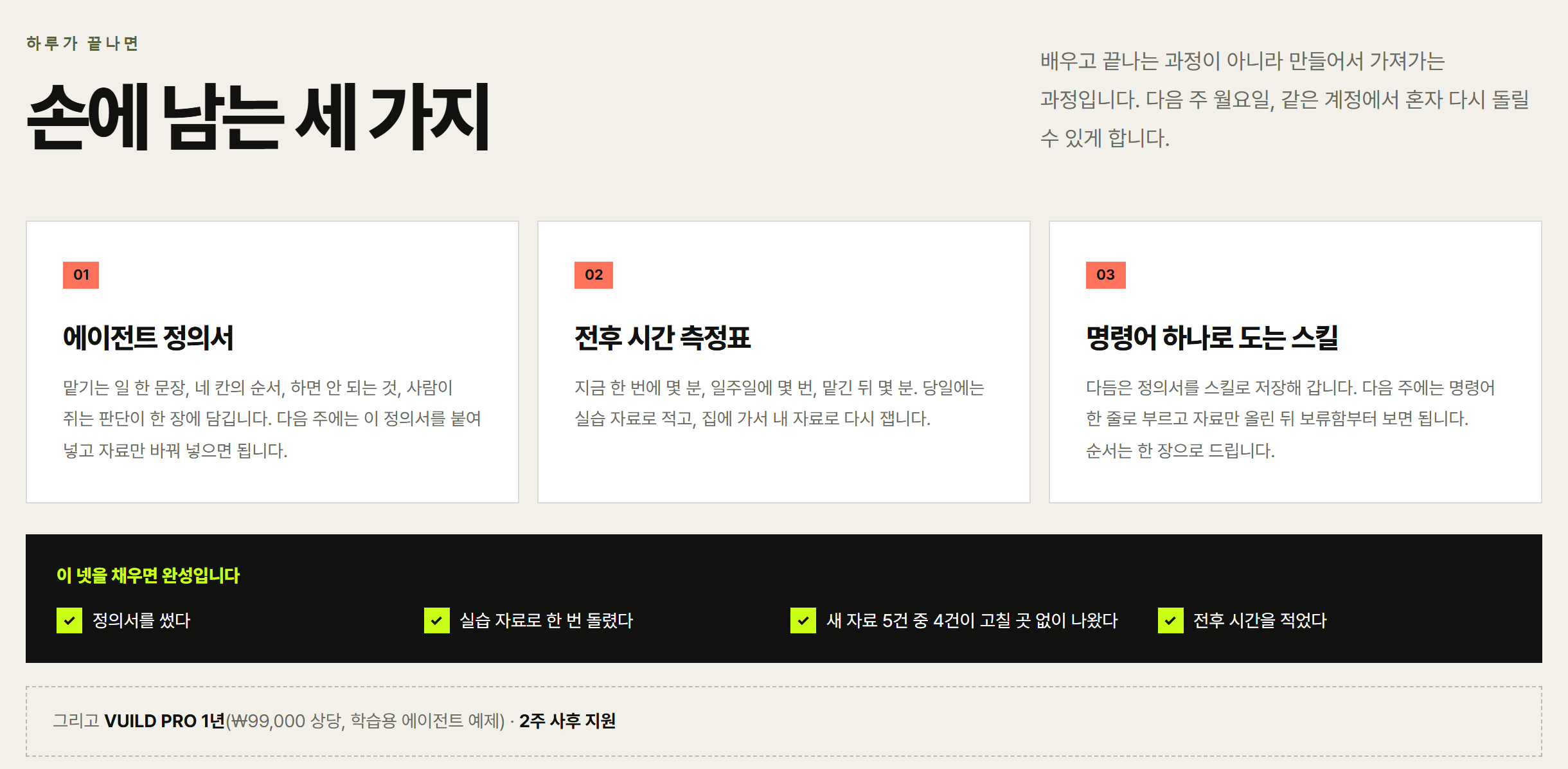 VUILD 1DAY 하루가 끝나면 손에 남는 세 가지 — 에이전트 정의서, 전후 시간 측정표, 명령어 하나로 도는 스킬. 새 자료 5건 중 4건이 고칠 곳 없이 나오면 완성