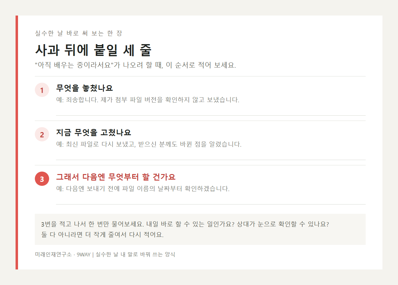 실수한 날 무엇을 놓쳤는지, 지금 무엇을 고쳤는지, 다음엔 무엇부터 할지 세 줄로 적는 양식