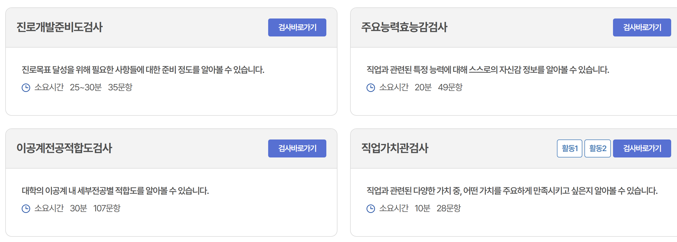 커리어넷 대학생·일반용 진로심리검사 네 가지 — 진로개발준비도 25~30분 35문항, 주요능력효능감 20분 49문항, 이공계전공적합도 30분 107문항, 직업가치관 10분 28문항