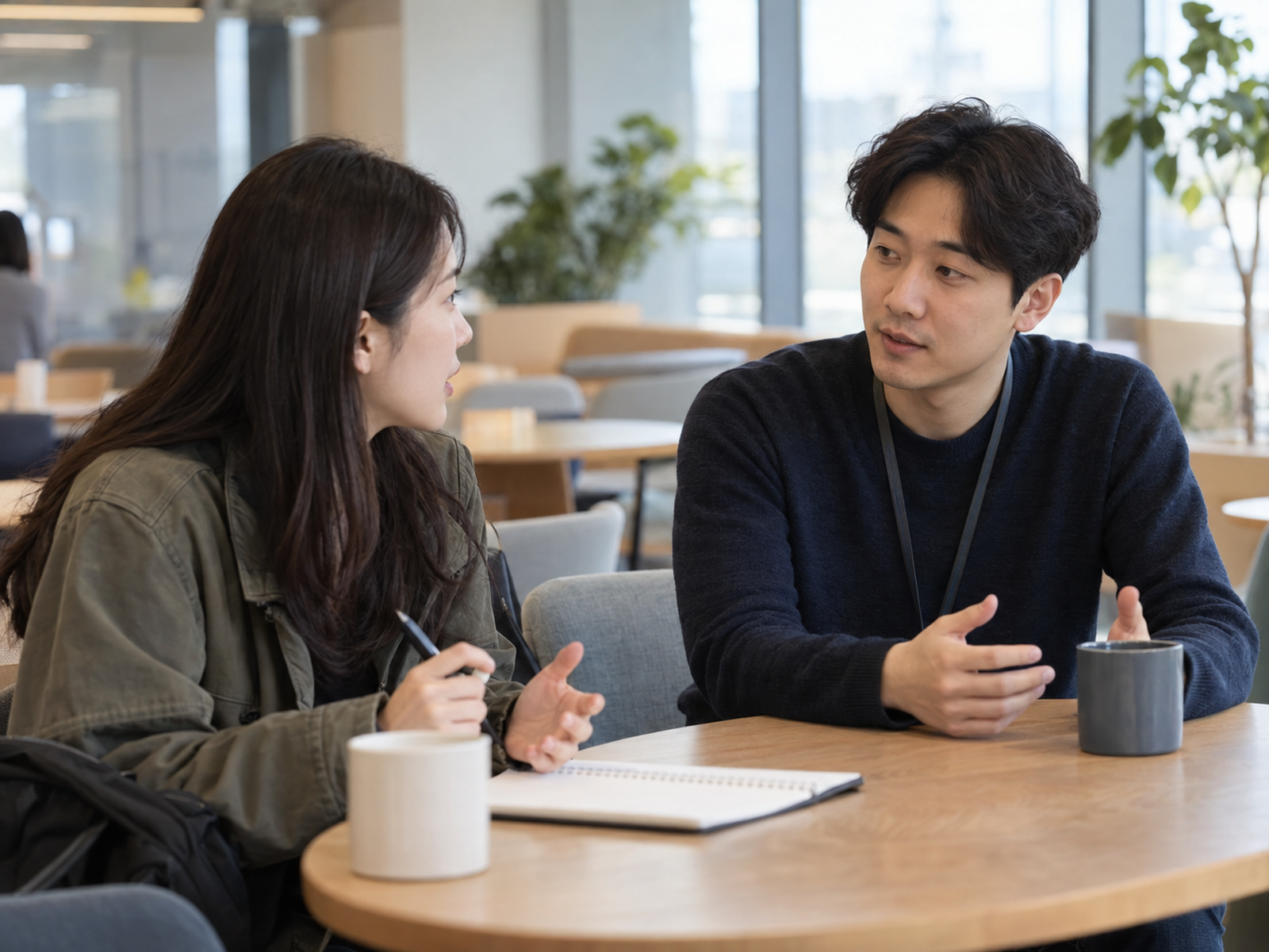 입사 전, 같이 일하게 될 다른 팀 실무자와 사내 카페에서 마주 앉아 질문하는 직원 — 부른 사람 말고 그 팀과 일하는 사람에게서도 이야기를 들어 본다