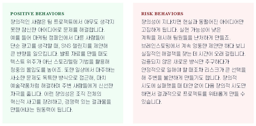 9WAY 강점 리포트 DNA 상세 가이드 — 같은 창의성 DNA가 잘 쓰일 때와 지나칠 때의 행동이 나란히 적혀 있다