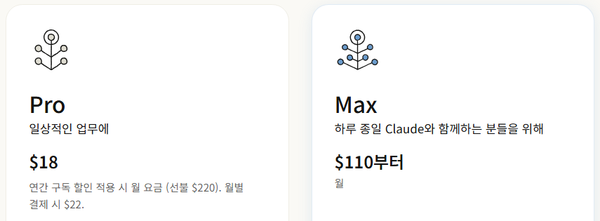 Claude 공식 요금제 — Pro 연간 결제 시 월 18달러, 월별 결제 시 22달러, Max 월 110달러부터