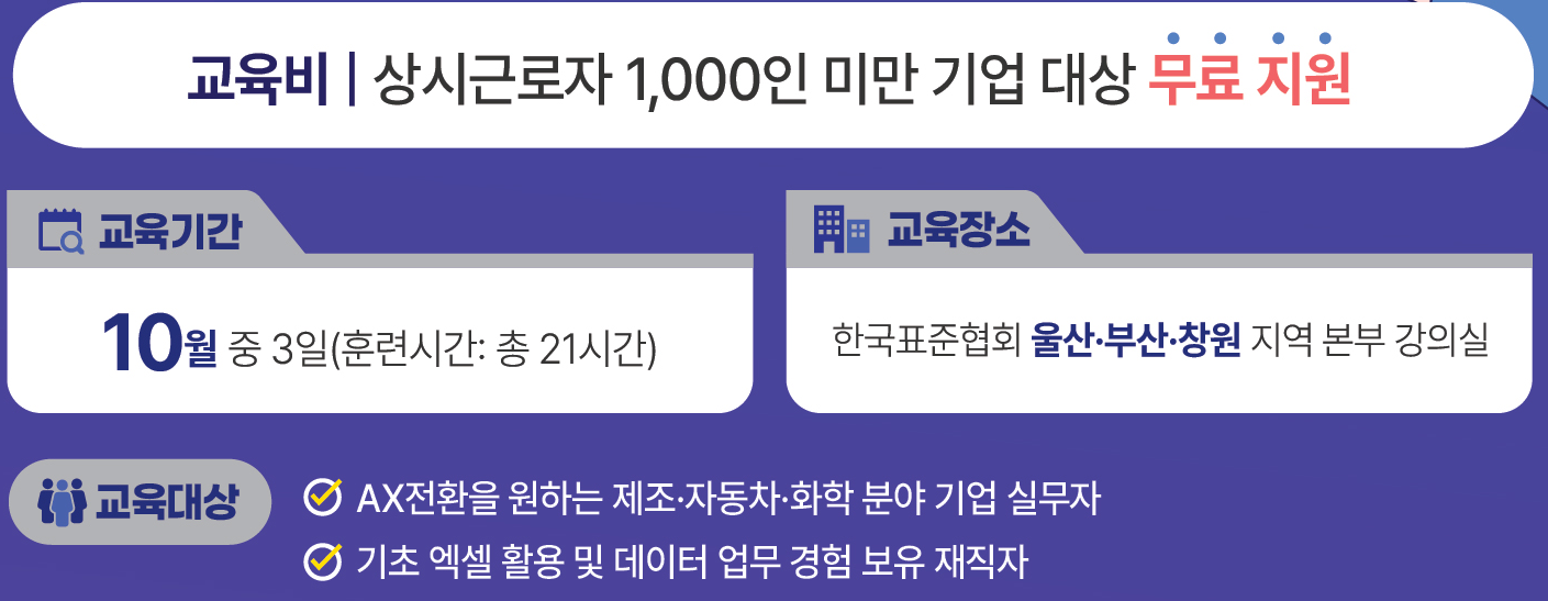 한국표준협회 생성형 AI 기반 제조 실무 교육 안내 — 상시근로자 1,000인 미만 기업 무료, 3일 21시간, 울산·부산·창원