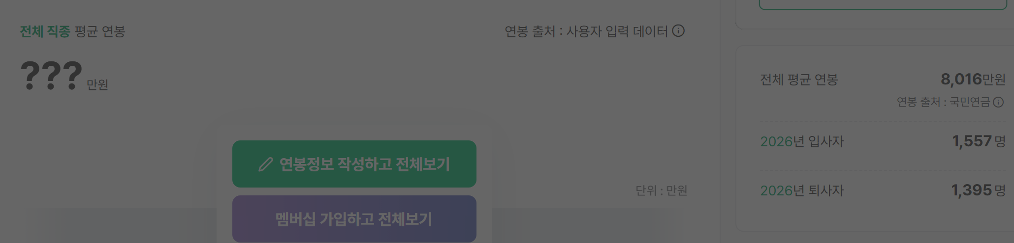 잡플래닛 기업 연봉 화면 — 직종별 평균 연봉은 «사용자 입력 데이터»라 연봉 정보를 작성해야 볼 수 있고, 회사 전체 평균 연봉은 «국민연금» 기준으로 따로 표시된다