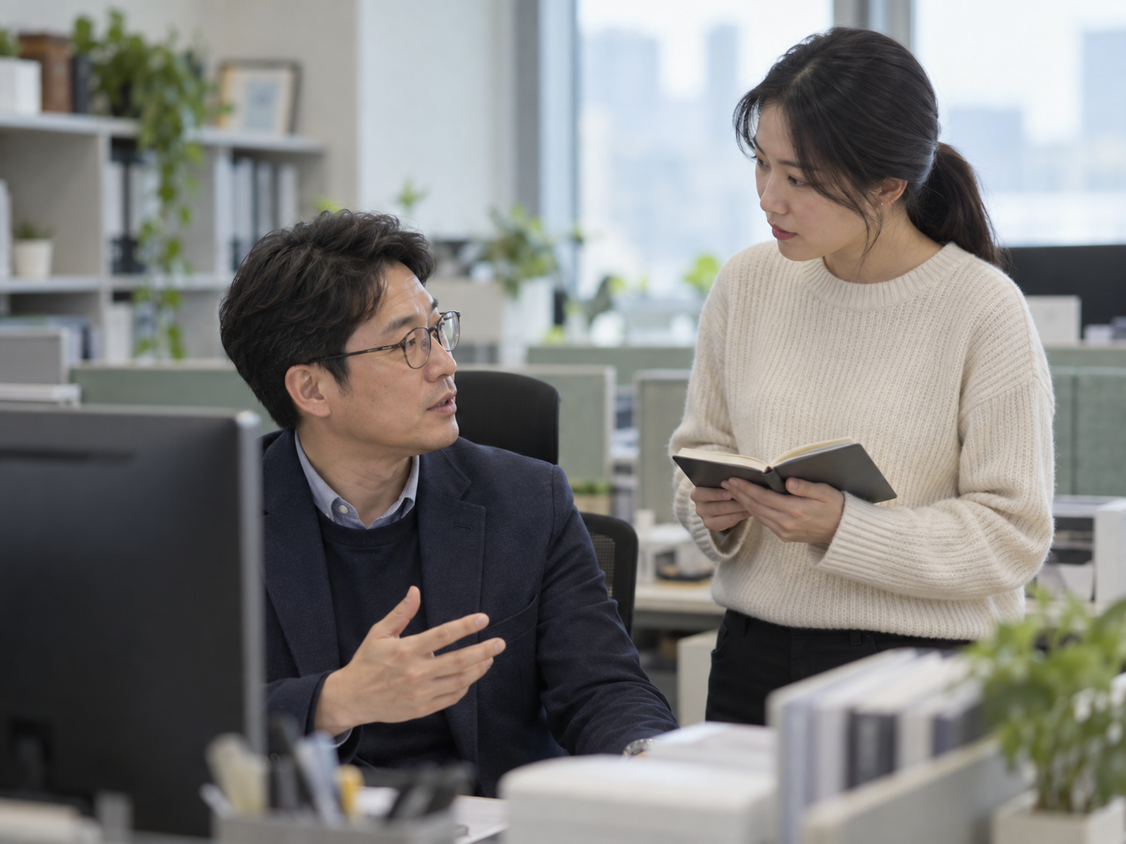 팀장 자리 옆에 서서 수첩을 들고 짧게 묻는 팀원 — 방향 질문은 면담을 따로 잡지 않아도 일을 받은 그 자리에서 할 수 있다