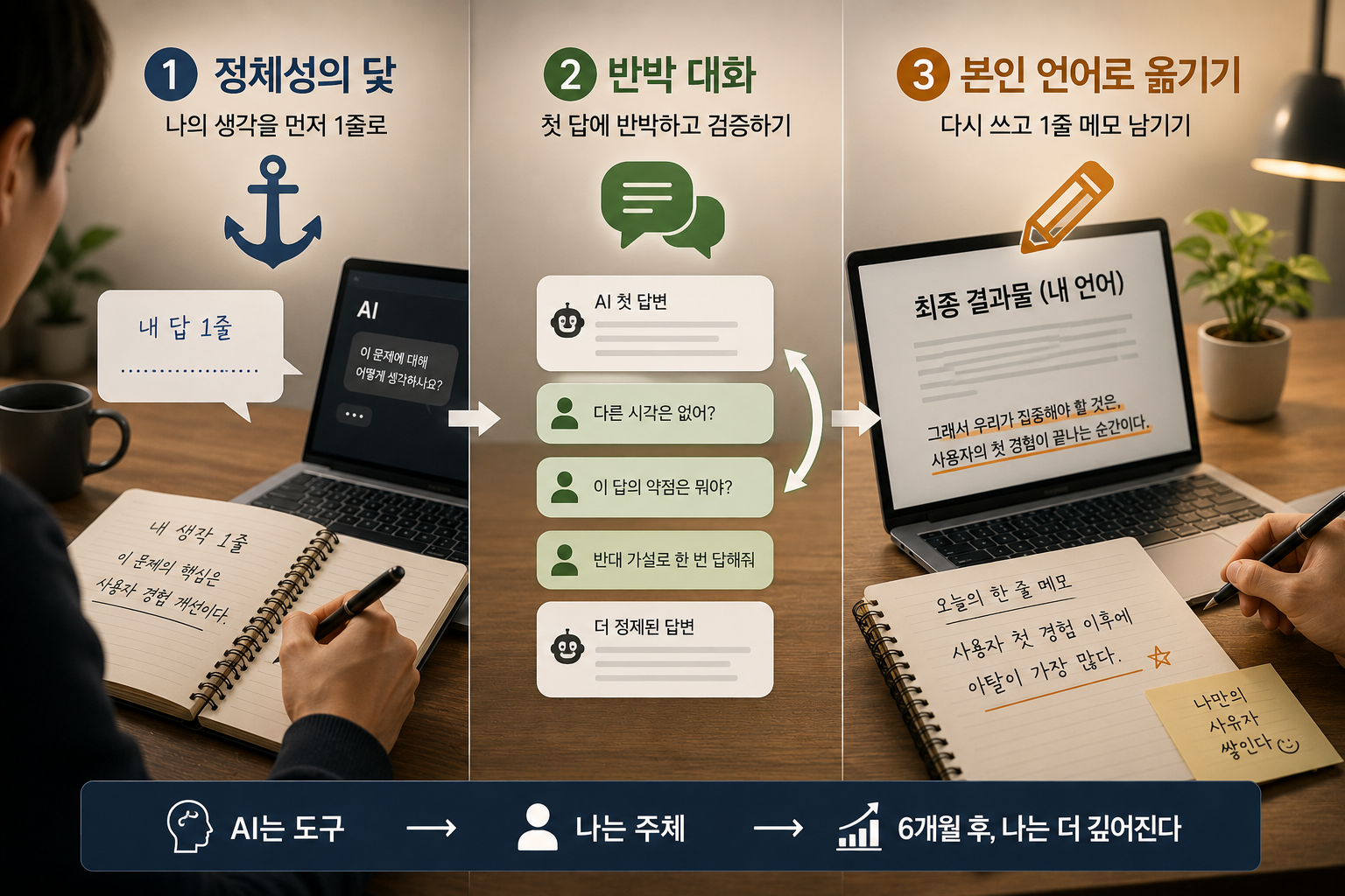 나를 잃지 않고 AI를 활용하는 3가지 심리기술 — 같은 AI를 쓰는데 6개월 후 한 사람은 깊어지고 한 사람은 사라지는 이유