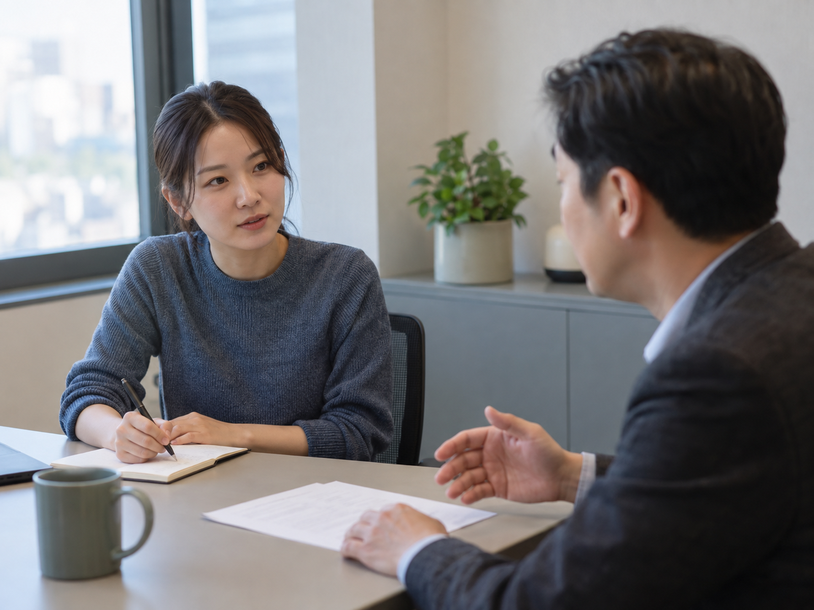 작은 회의실에서 팀장이 종이 한 장을 앞에 두고 설명하고, 팀원은 메모하며 듣는다 — 팀장 머릿속에만 있던 기준을 말로 넘겨주는 1:1 대화
