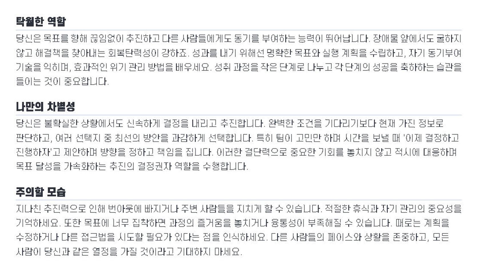 9WAY 강점 리포트 — 추진 역할의 뛰어난 점 바로 아래에, 지나친 추진력은 번아웃으로 이어질 수 있으니 휴식을 기억하라는 '주의할 모습'이 함께 나온다