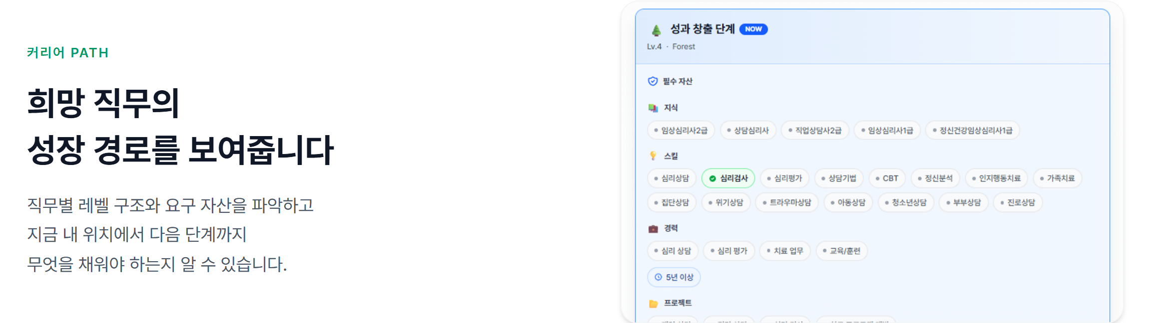 커리어테크 커리어 PATH 화면 — 희망 직무의 단계(예: 성과 창출 단계 Lv.4)마다 필수 지식·스킬·경력(5년 이상)이 나와, 지금 위치에서 무엇을 채워야 하는지 보인다