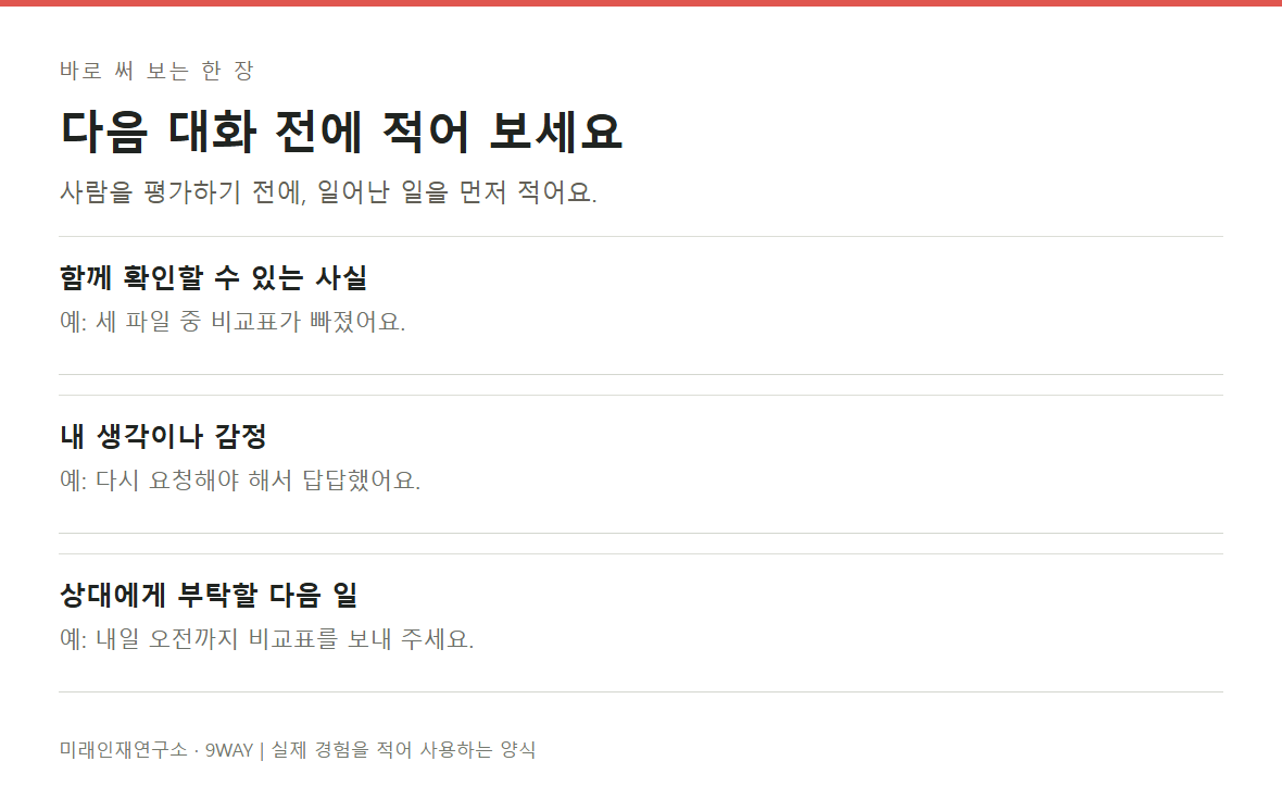 일어난 일과 내 해석, 다음 요청을 따로 적을 수 있는 직장 대화 정리 양식
