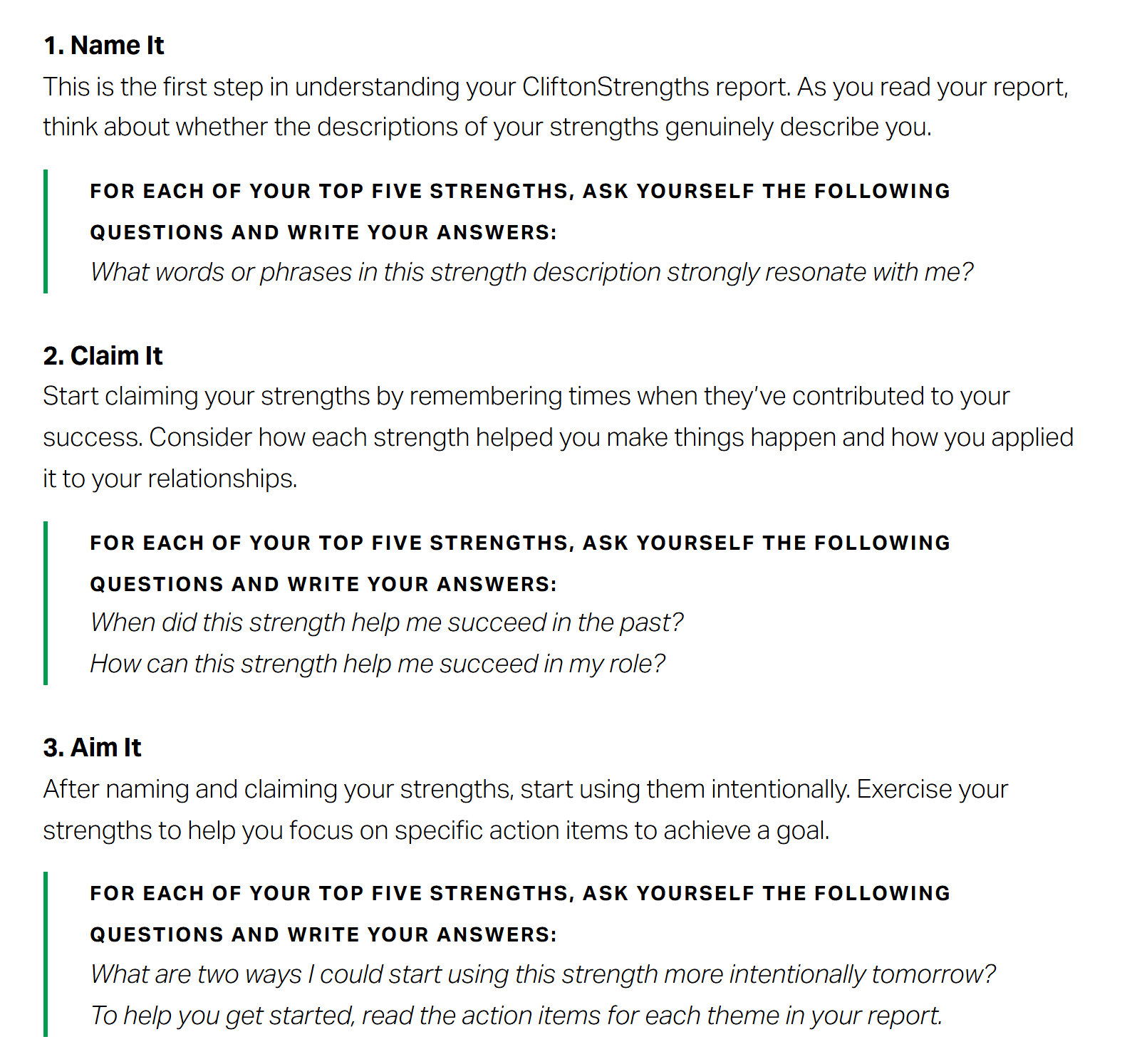 갤럽 CliftonStrengths «Name It, Claim It, Aim It» 활동지 — 1단계는 나를 강하게 설명하는 말 고르기, 2단계는 강점이 도움이 된 때와 내 역할에서 쓸 방법 적기, 3단계는 «내일부터 더 의도적으로 쓸 방법 두 가지»를 정하는 질문으로 끝나, 결과지를 행동으로 옮기는 것이 마지막 단계라는 것을 보여 준다
