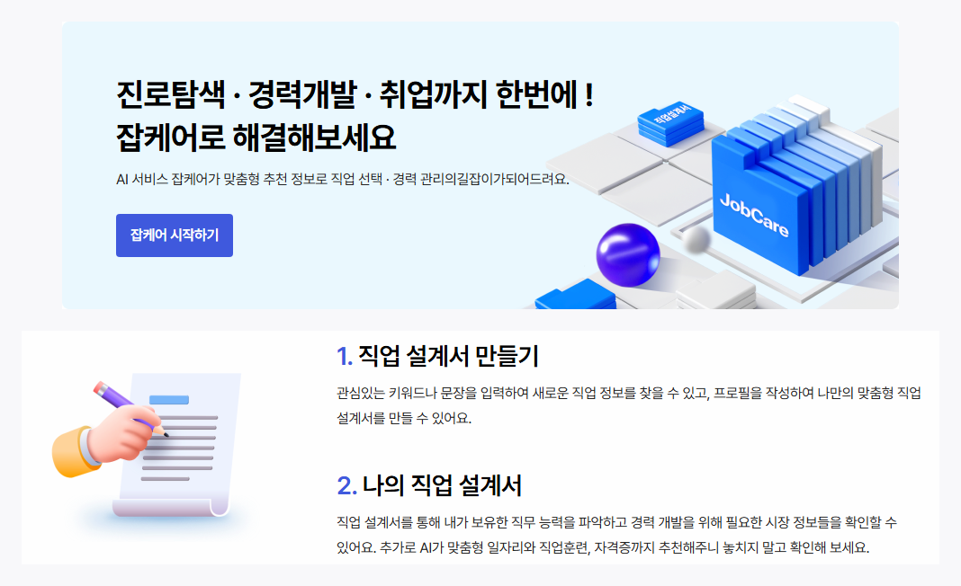 고용24 잡케어 소개 화면 — AI 서비스 잡케어가 직업 설계서를 만들고, 보유 직무 능력을 바탕으로 일자리·직업훈련·자격증을 추천한다(2026년 9월 14일 조회)