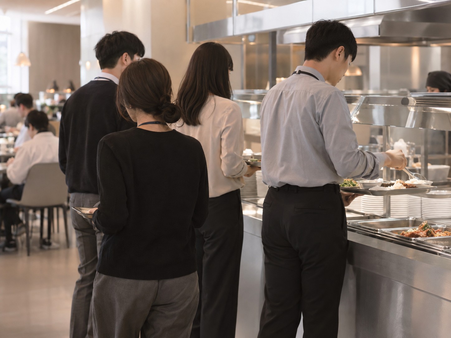 점심시간 구내식당에서 사원증을 건 직장인들이 식판을 들고 줄을 서 있다 — 매일 받아서 아무도 받았다고 느끼지 않는 것의 대표가 점심 한 끼다
