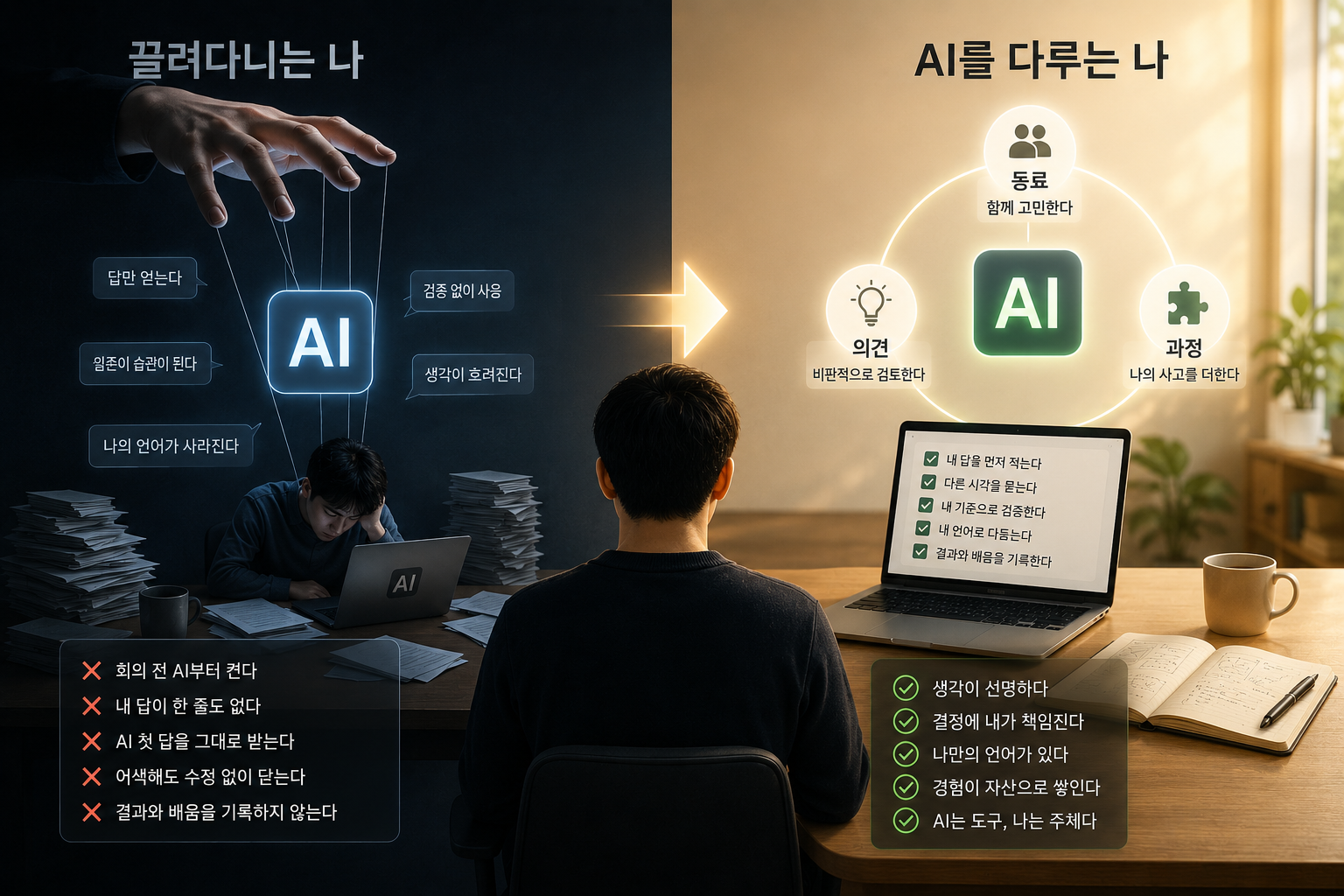 AI 사용 건강도 체크리스트 — yes가 3개 이상이면 이미 끌려다니고 있는 신호 / 다시 가져오는 3가지 관계 기술
