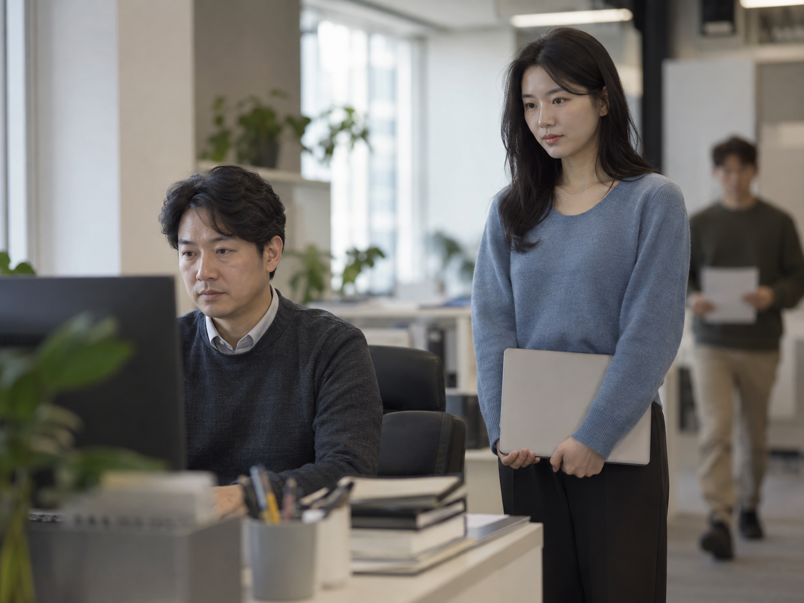 팀장이 자기 일을 하는 사이 팀원이 노트북을 들고 옆에 서서 확인받을 차례를 기다리고, 뒤에서 또 한 사람이 서류를 들고 온다 — 팀장이 다 정해 주는 팀에서는 팀원이 판단보다 확인을 먼저 배운다