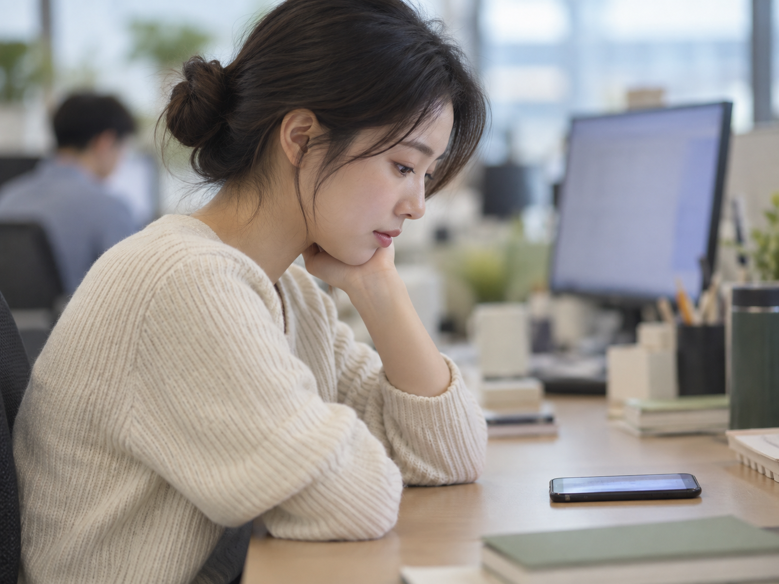 자리에 앉은 팀원이 책상 위 휴대폰을 내려다보며 상사의 답장을 기다리고 있다 — 기대를 들은 적이 없으면 답장 속도로 속마음을 짐작하게 된다