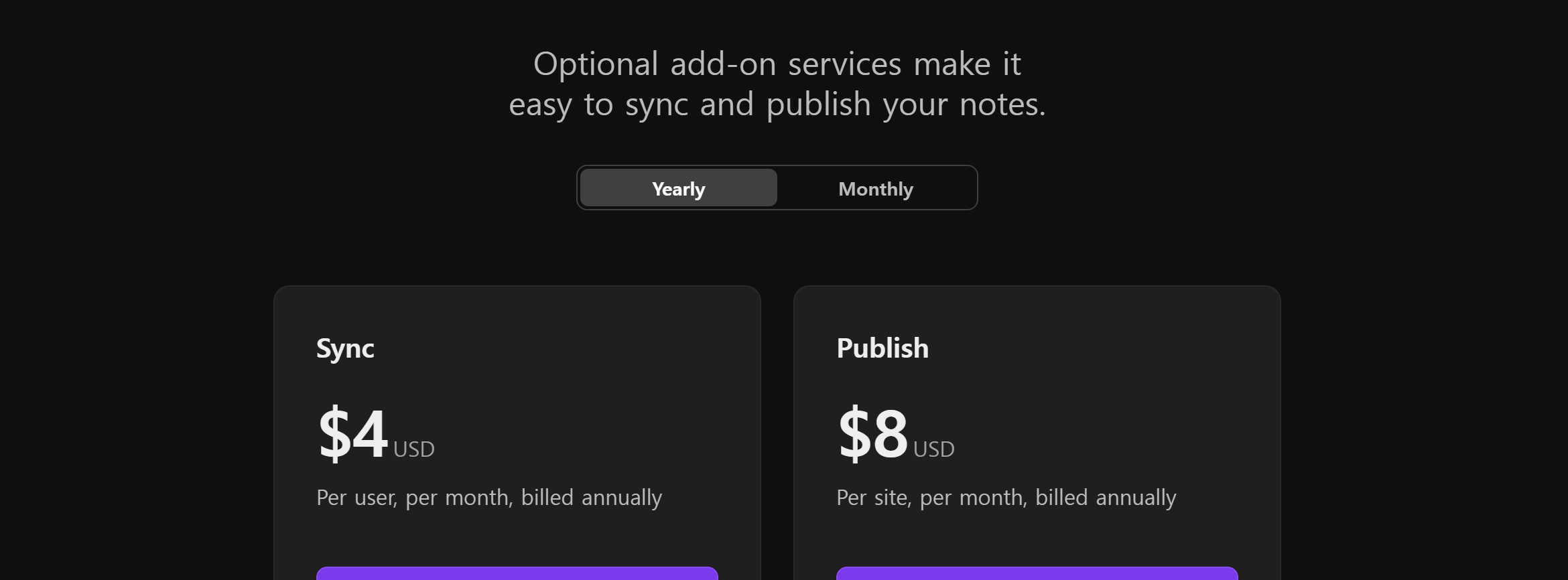 옵시디언 유료 추가 서비스 — Sync 연간 결제 월 $4, Publish 연간 결제 월 $8